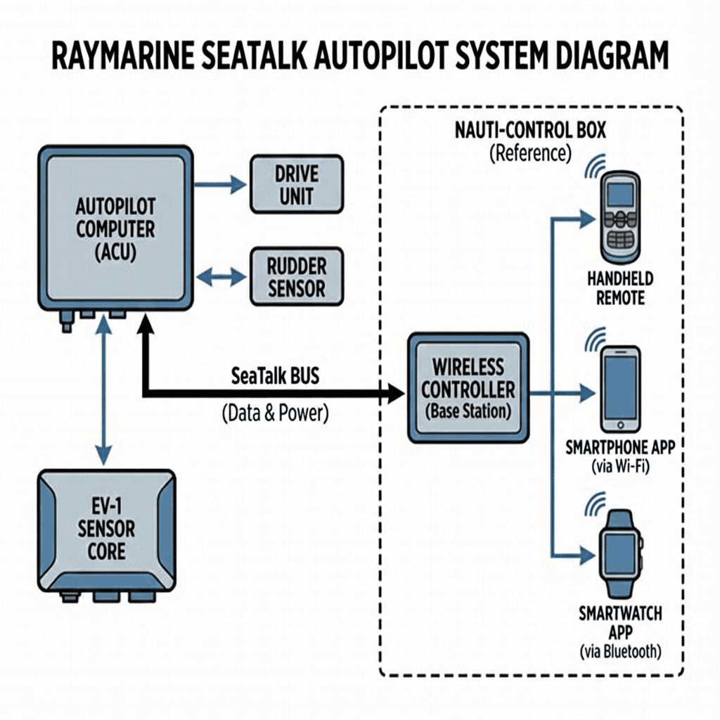 Diagram showing Raymarine SeaTalk autopilot with wireless remote control