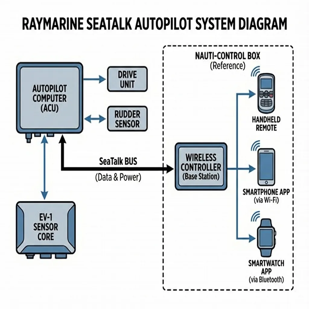 Diagram showing Raymarine SeaTalk autopilot with wireless remote control