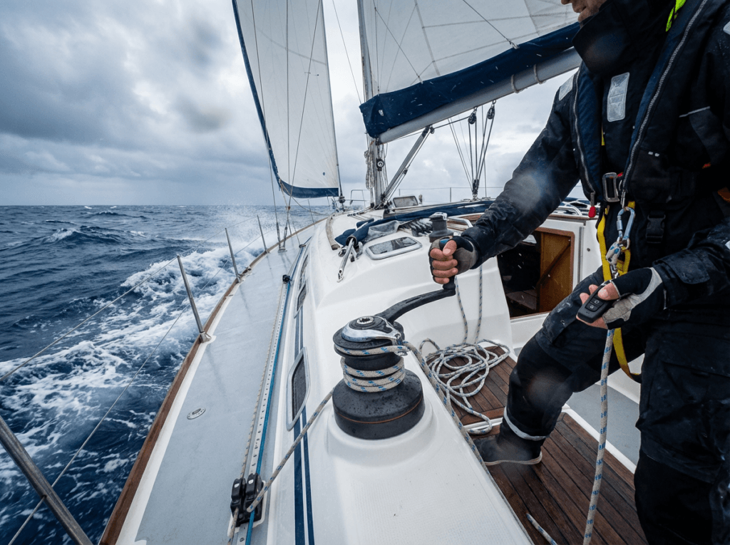 Sailor using a wireless autopilot remote away from the helm
