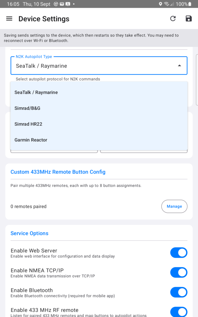 Garmin Reactor joins the autopilot types in the controller's own settings