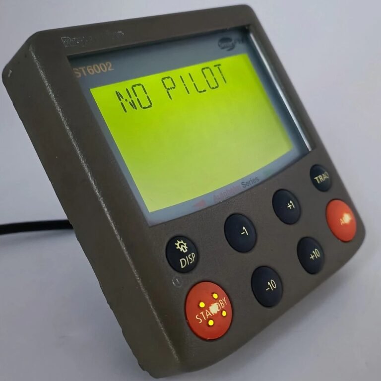 An ST6002. The four course-change keys are <strong>-1</strong>, <strong>+1</strong>, <strong>-10</strong> and <strong>+10</strong>, with <strong>disp</strong> bottom left and <strong>standby</strong> and <strong>auto</strong> in orange — every step below uses those. This one reads <strong>NO PILOT</strong>: the head is powered but cannot see a course computer, so there is no calibration to get into.” width=”768″ height=”768″ loading=”lazy” decoding=”async” style=”width:100%;height:auto;max-width:760px;border-radius:8px;” /><figcaption style=