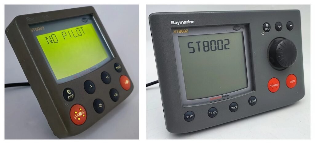 Left, an ST6002 with -1, +1, -10 and +10. Right, an ST8002 — same family, same course computers, with a rotary knob and a pair of up and down arrows in place of those four keys.