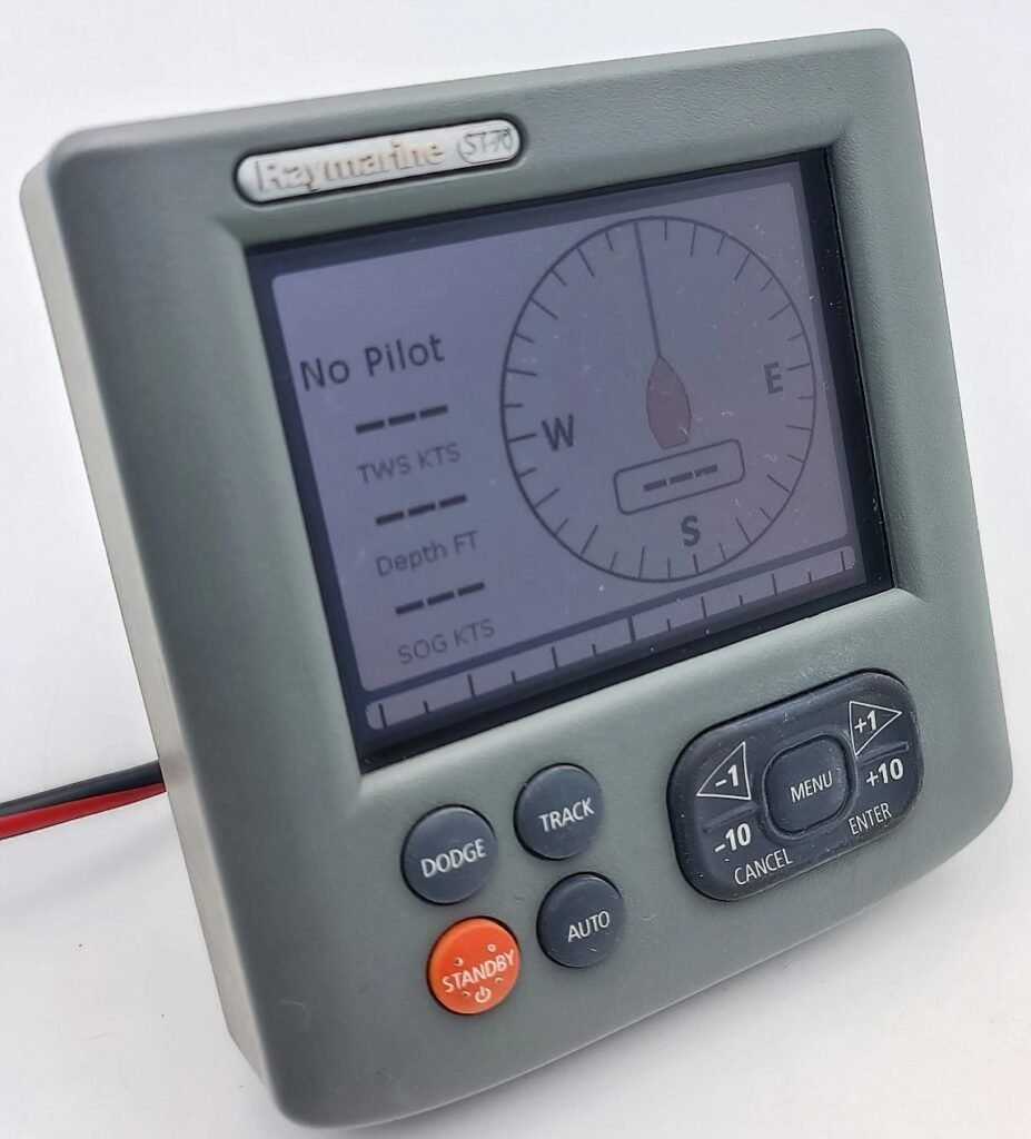 An ST70 pilot head reading <strong>No Pilot</strong> — exactly the state described above. With no course computer on the bus, there is no Autopilot Calibration menu to go into and no tack angle to set. Get the pilot talking to the head first.” width=”927″ height=”1024″ loading=”lazy” decoding=”async” style=”width:100%;height:auto;max-width:360px;border-radius:8px;” /><figcaption style=