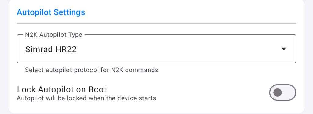 Device Settings > N2K Autopilot Type > Simrad HR22 &mdash; the one setting that makes it work with a TP22 or TP32